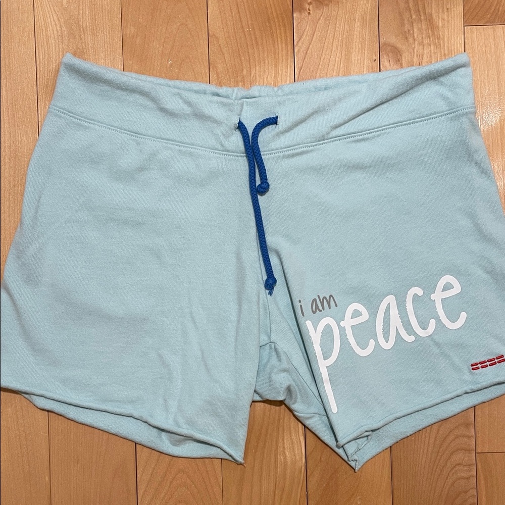 Peace Love World Light Blue Athletic Shorts with Navy Drawstring